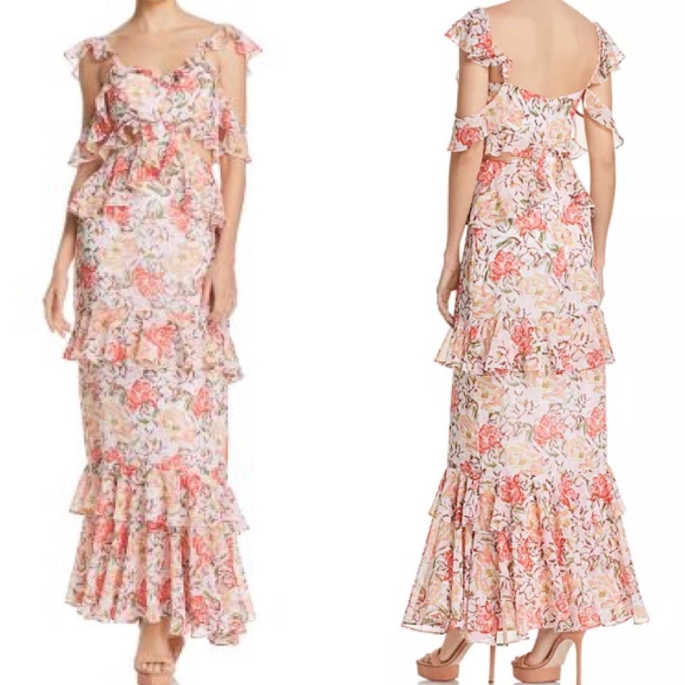 WAYF Milan Floral Ruffled Cutout Waist Tiered Orange Pink Cream Maxi Dress S
